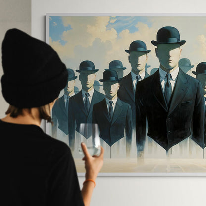 quadro surrealista moderno uomini in abito e bombetta volti senza lineamenti