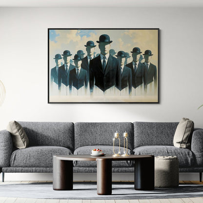 poster orizzontale surrealismo stile magritte uomini anonimi cielo luminoso