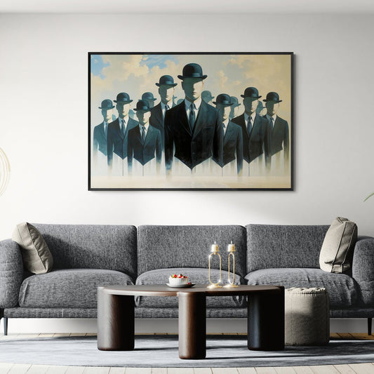 poster orizzontale surrealismo stile magritte uomini anonimi cielo luminoso