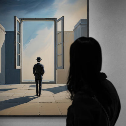 la soglia del cielo quadro surrealista porta aperta e cielo stampa su policotone