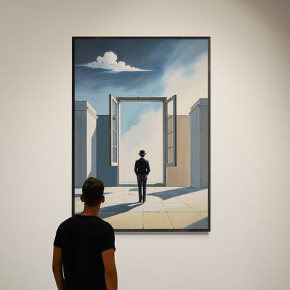 quadro surrealista uomo con bombetta davanti a porta aperta in vendita online