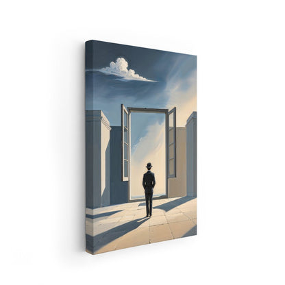 poster verticale surrealismo porta finestra aperta su luce e nuvole