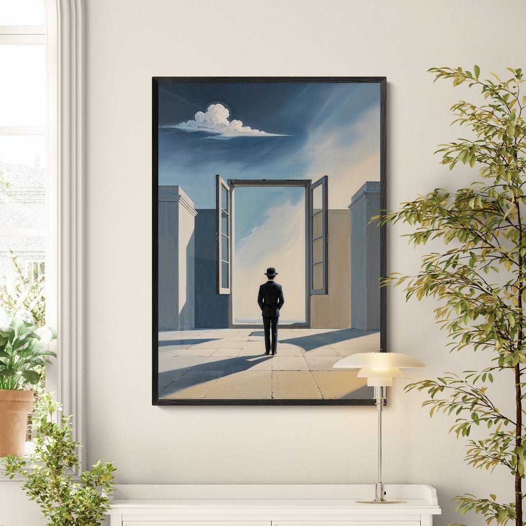 decorazione parete minimal quadro surrealista con cielo luminoso e figura