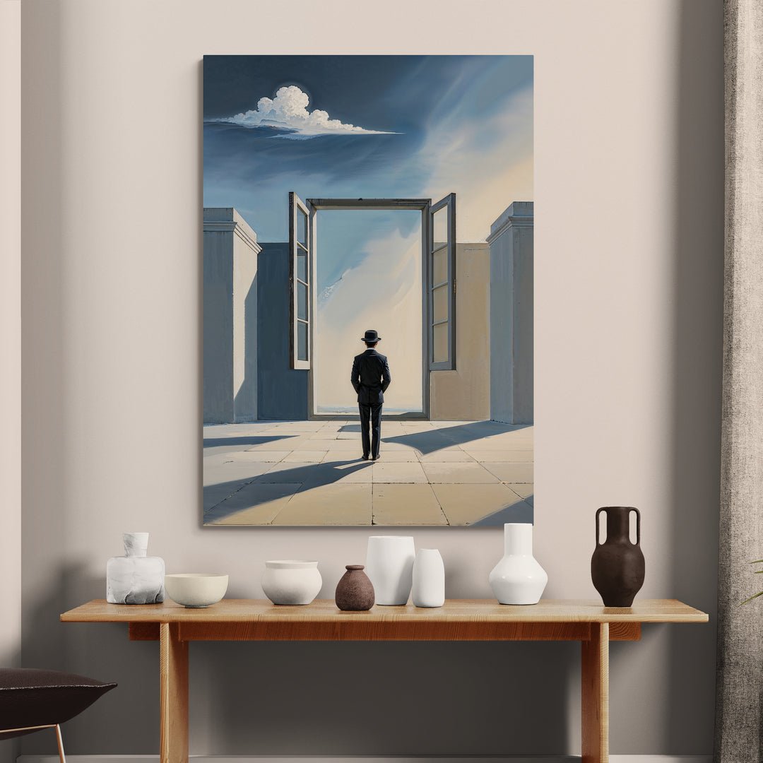 quadro concettuale moderno uomo in abito e ombre lunghe ambiente minimal