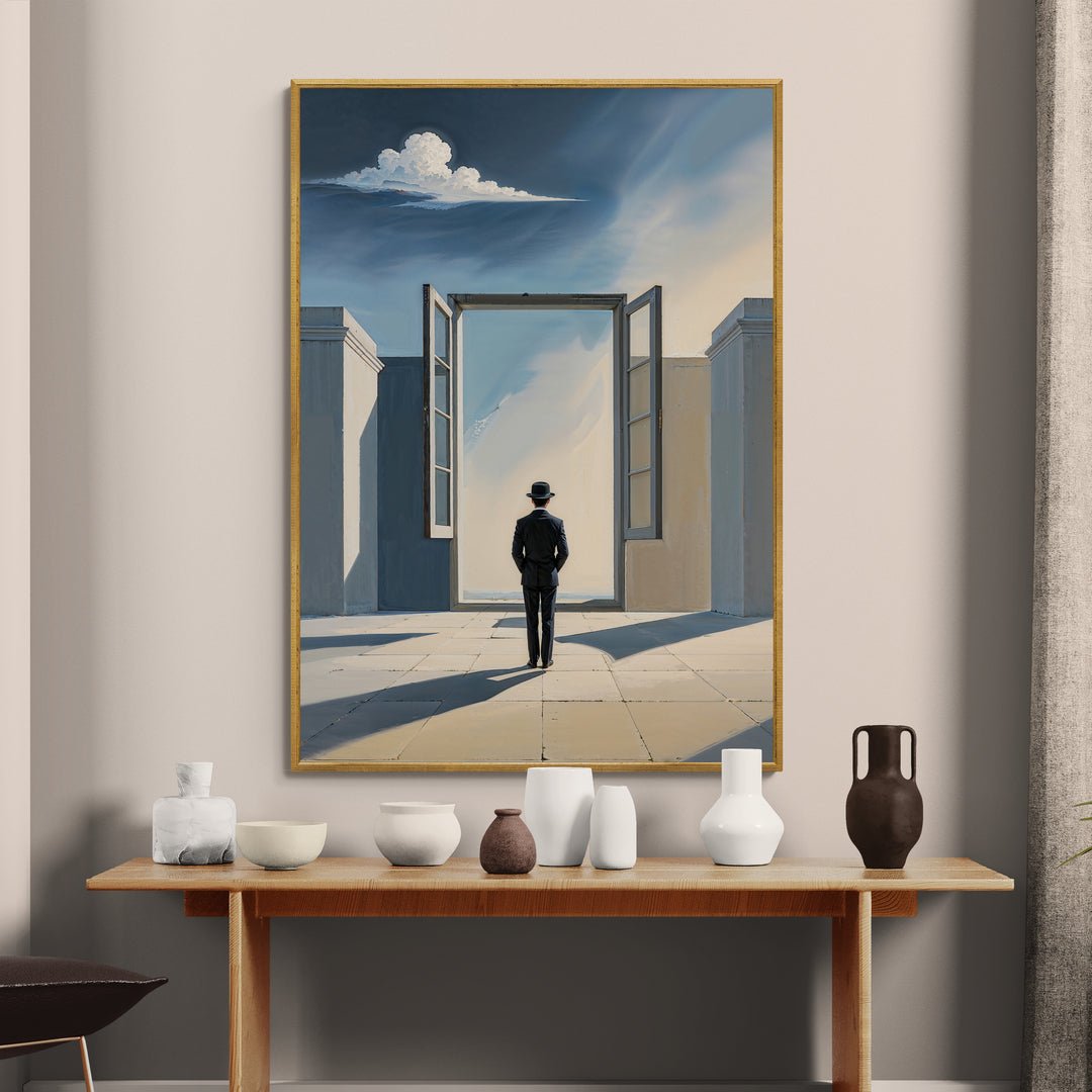 stampa murale premium scena surreale porta aperta e architettura geometrica