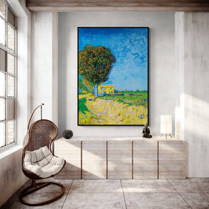 Quadro famoso di Van Gogh con cielo blu e casa gialla
