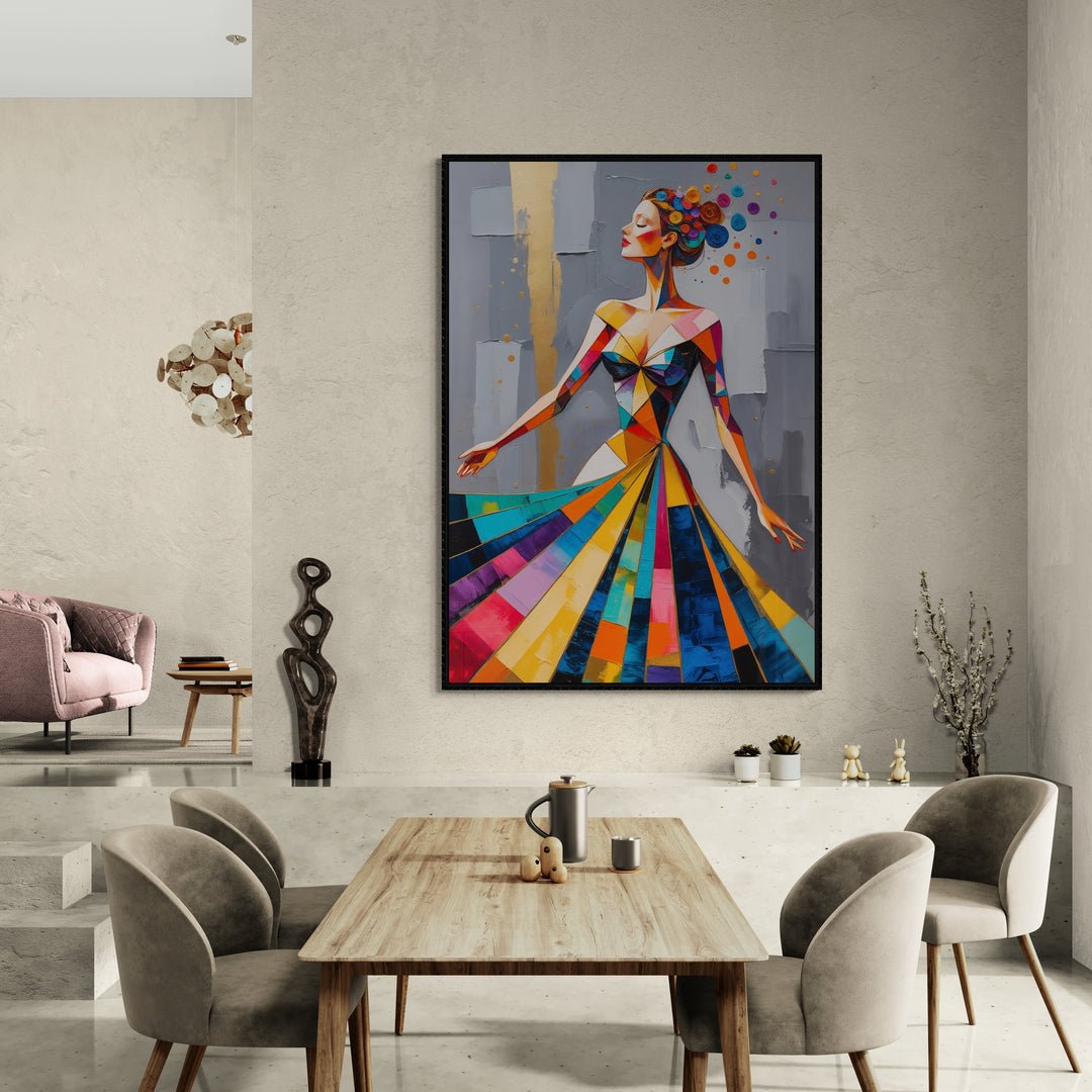 Ritratto di donna in abito geometrico stampato su tela
