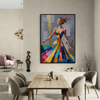 Ritratto di donna in abito geometrico stampato su tela