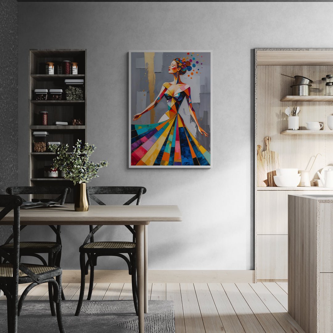 Donna astratta con capelli floreali e abito arcobaleno su sfondo grigio