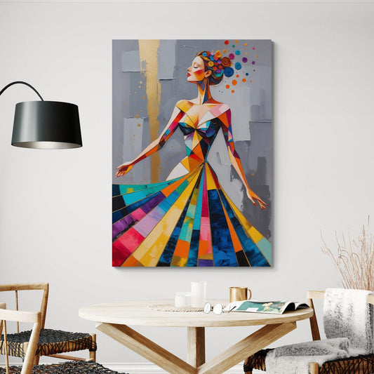 Opera fashion art con figura femminile e vestito arcobaleno