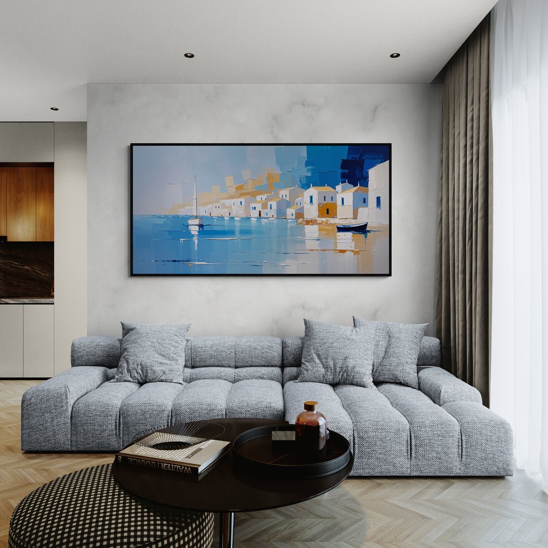 quadro decorativo stile spatolato case sul porto mediterraneo