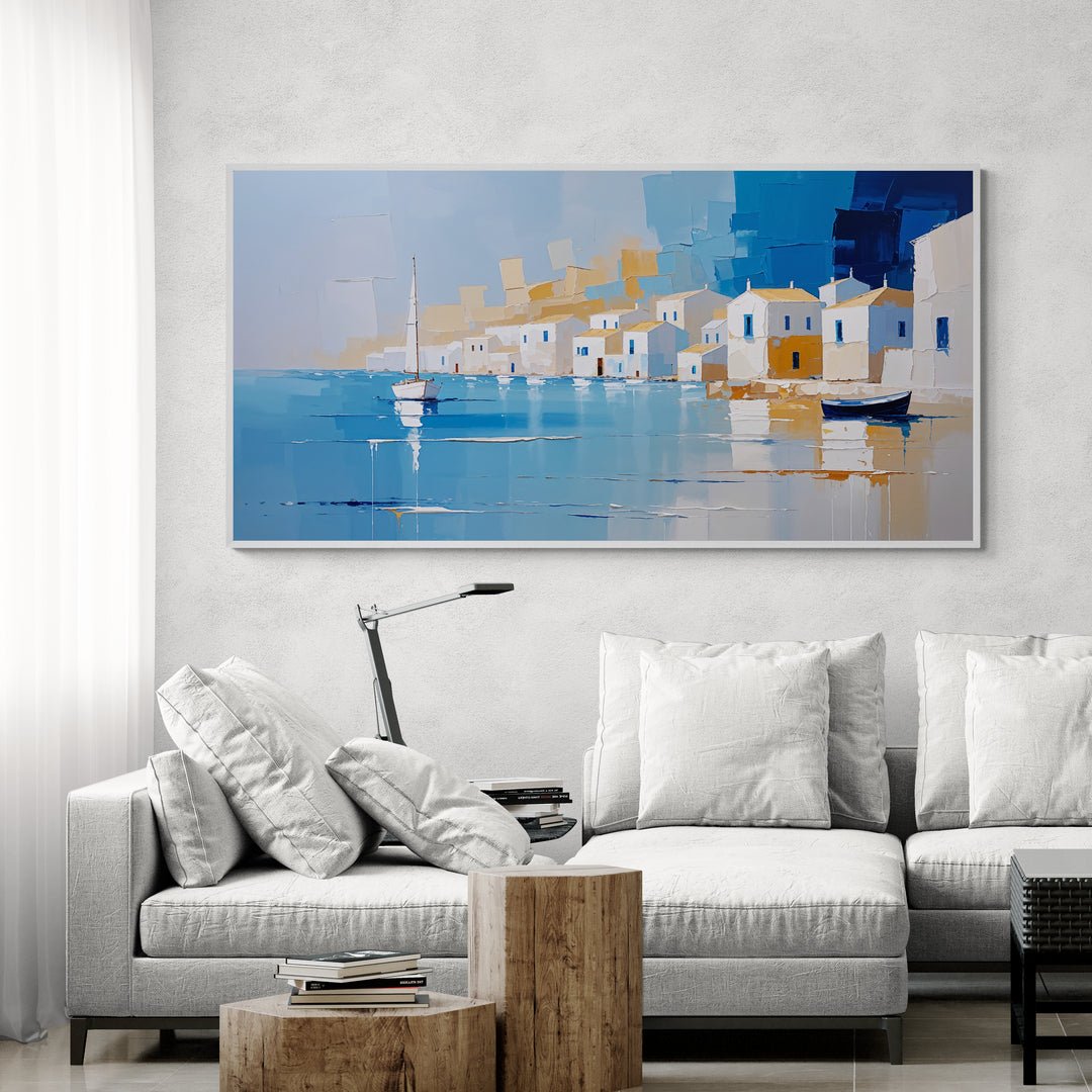 quadro moderno case bianche e barche sul mare turchese in vendita online