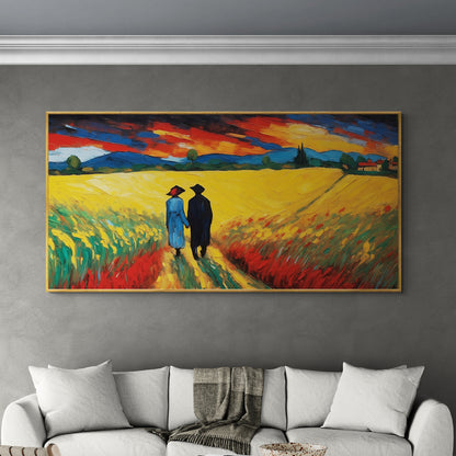 Quadro artistico con sentiero nel grano e cielo infuocato

