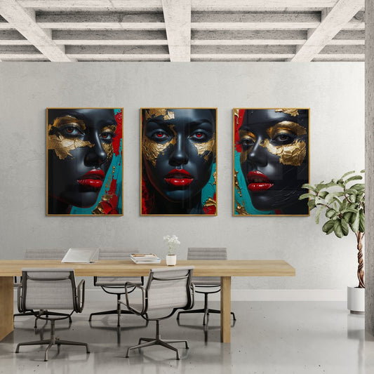 Oro Nero – Trittico Moderno su Tela con Volto Femminile e Foglia Oro