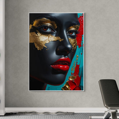 Volto femminile moderno con trucco dorato e labbra rosse su fondo nero – stampa artistica su tela trittico Oro Nero