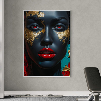 Primo piano di volto femminile in stile glamour con foglia oro e occhi rossi – quadro su tela Oro Nero