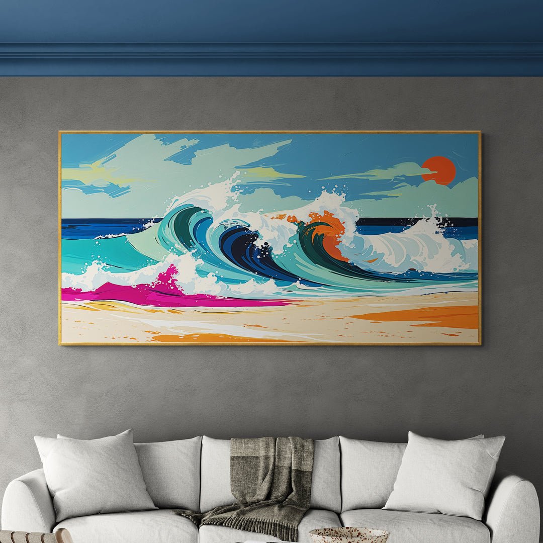 Onde estive stilizzate su sfondo azzurro con dettagli colorati

