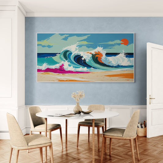 Quadro moderno Onde in Festa con onde stilizzate e sole rosso

