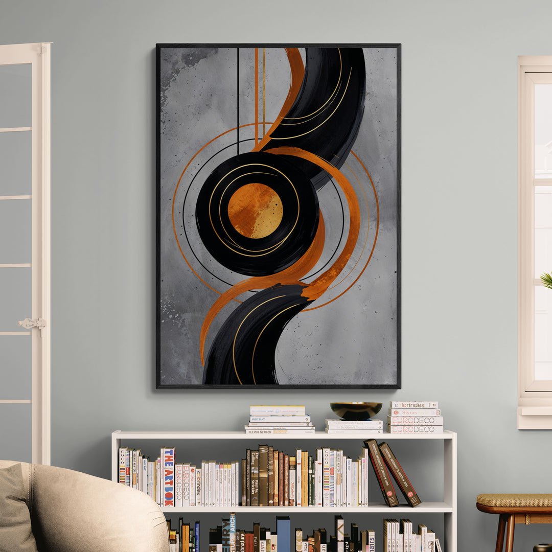 quadro verticale astratto design con cerchio centrale e archi dinamici