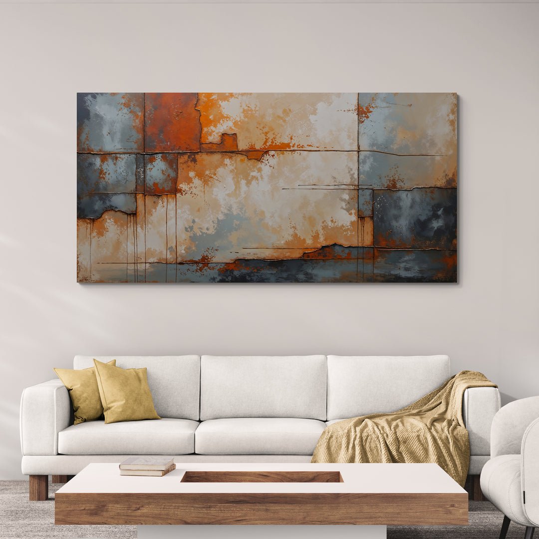 Opera astratta con superfici ossidate e colori industriali