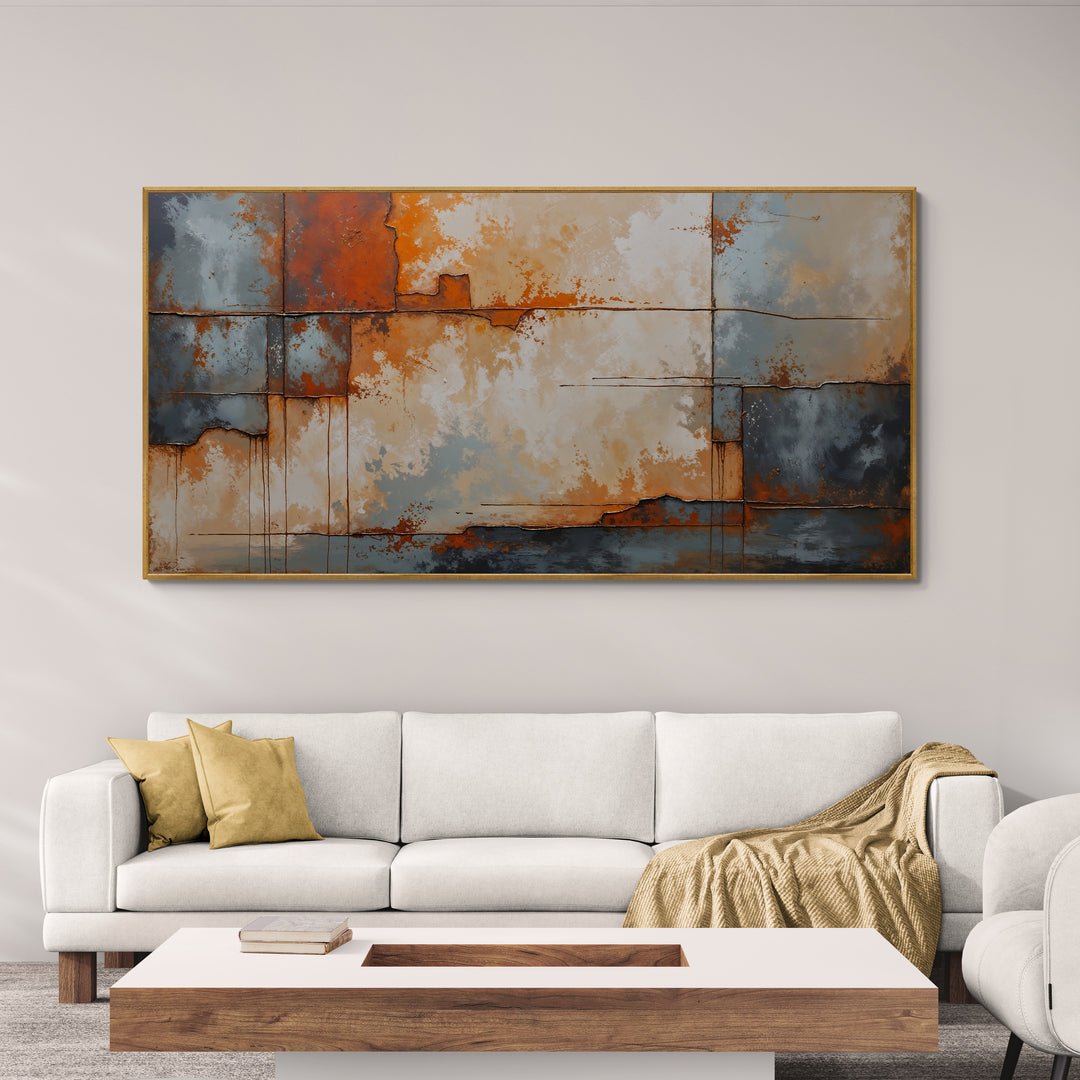 Pittura astratta con effetto materico e sfumature di ruggine e grigio acciaio