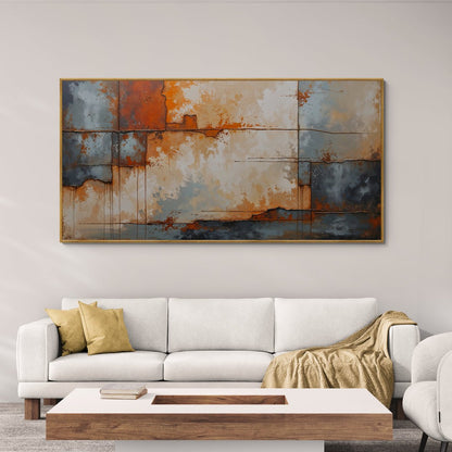 Pittura astratta con effetto materico e sfumature di ruggine e grigio acciaio