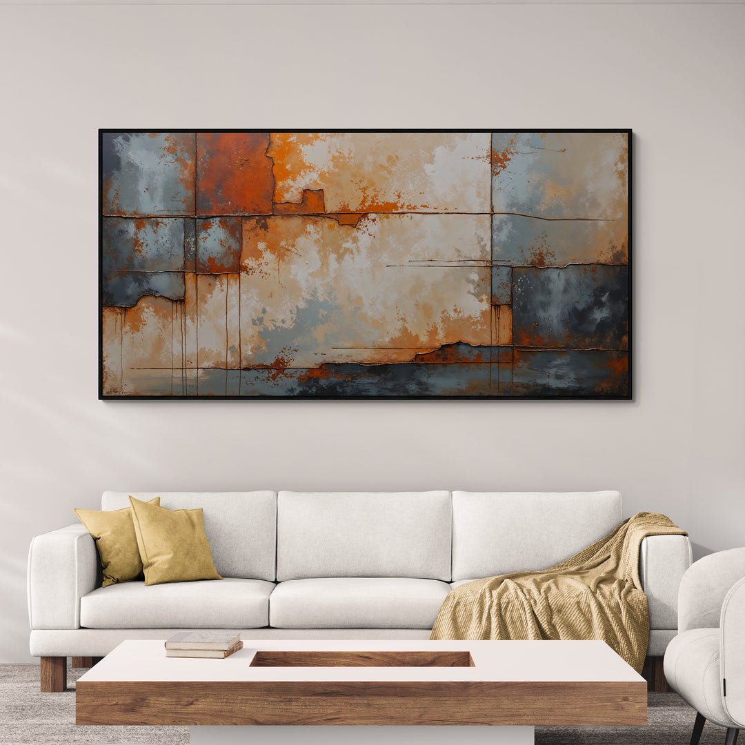 Tela con pattern geometrico e stratificazioni materiche