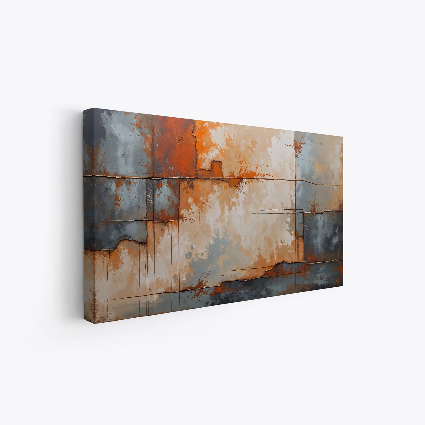 Opera astratta su tela con texture industriali e colori ossidati