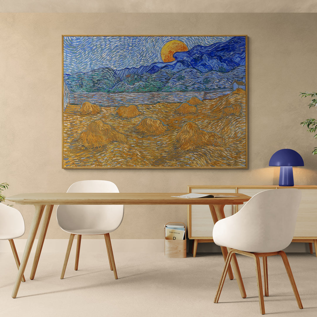 Stampa su tela Paesaggio con covoni di grano e luna di Van Gogh