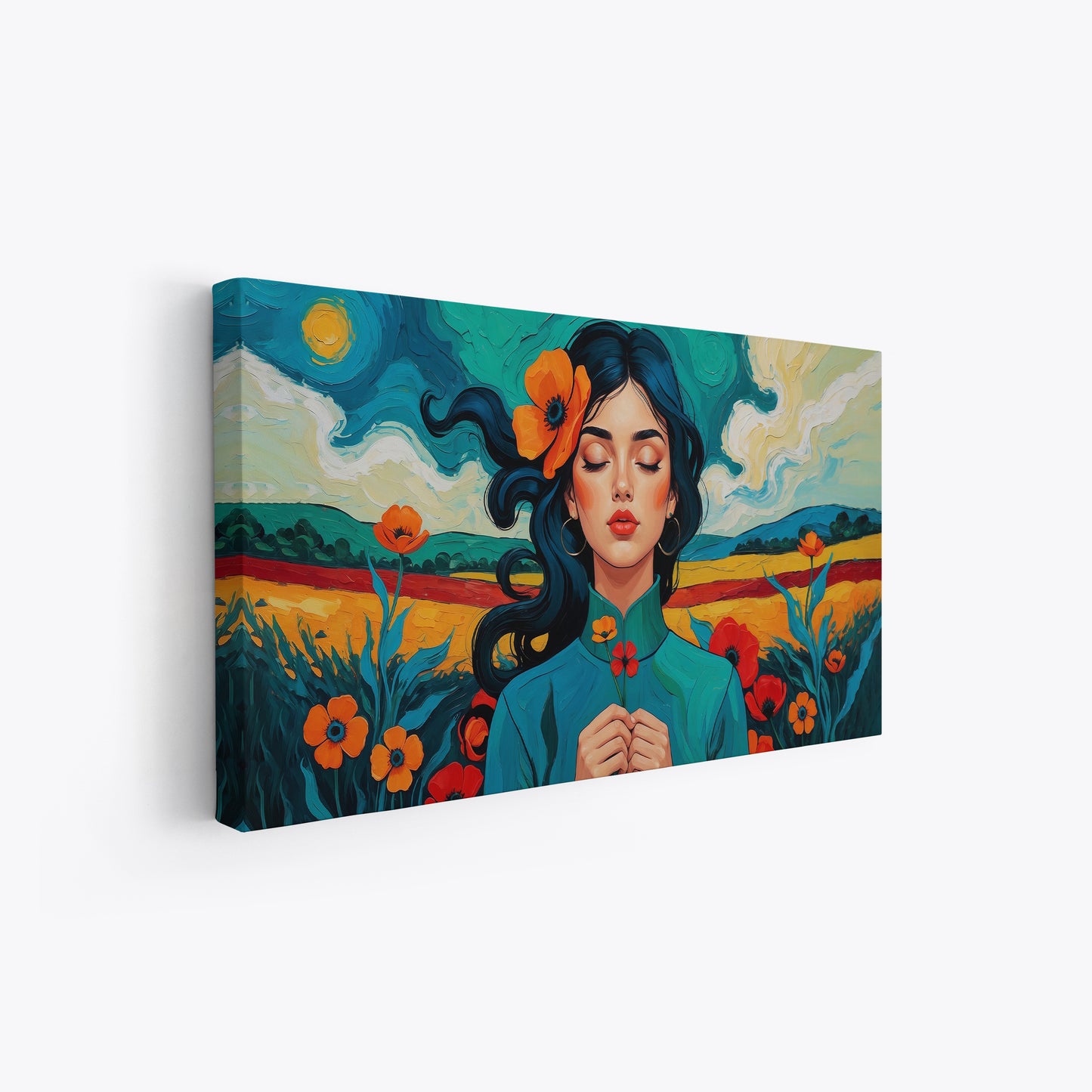 Immagine colorata con campo di papaveri e cielo in movimento