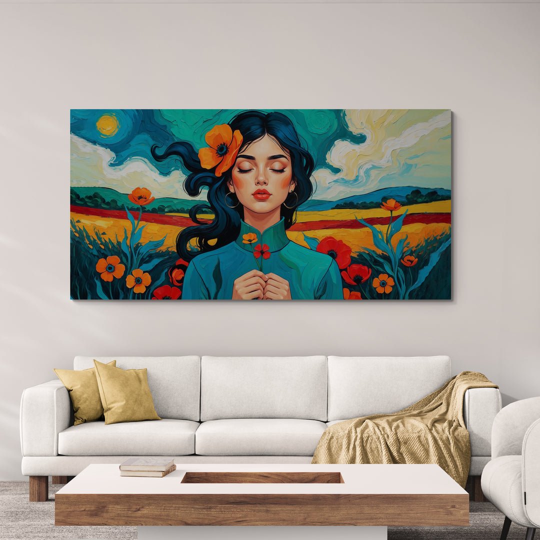 Ritratto pittorico digitale di donna tra papaveri con occhi chiusi