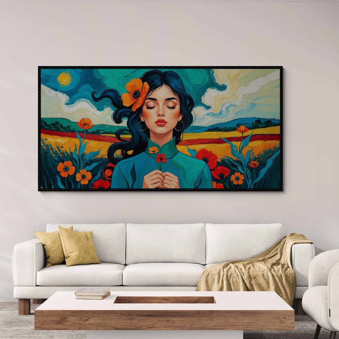 Stampa digitale con donna e fiori, ideale per arredamento moderno