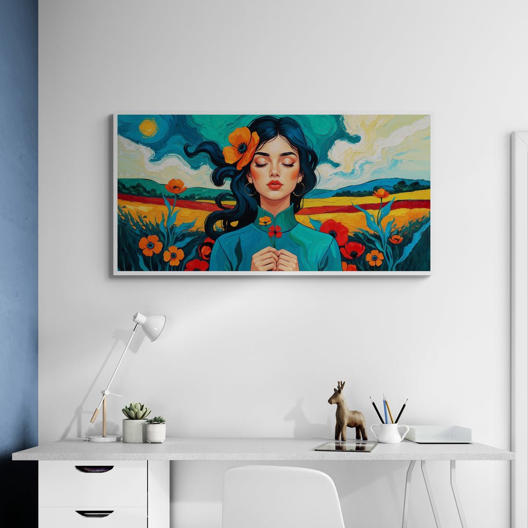 Arte contemporanea: donna in primo piano con fiori e vento