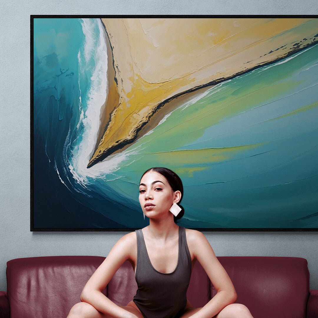 quadro costiero moderno vista aerea sabbia dorata e mare turchese