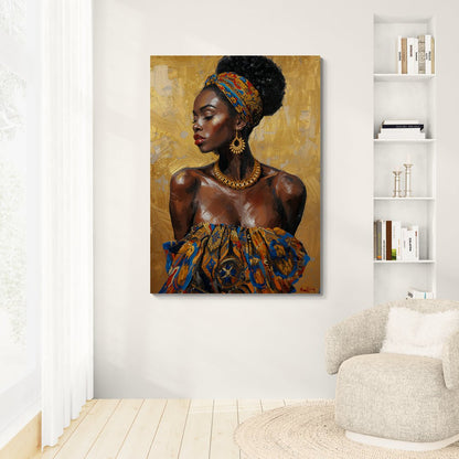 Donna nera fiera in abiti tradizionali con sfondo artistico