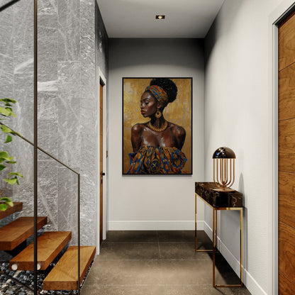 Ritratto artistico di donna africana con gioielli dorati e turbante colorato