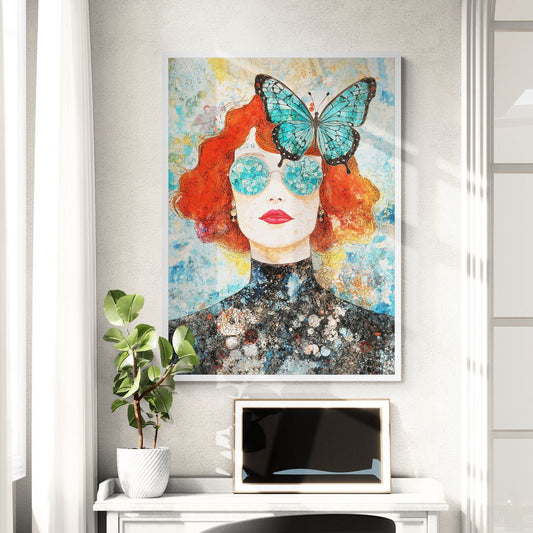 Ritratto su tela di donna con capelli rossi e farfalla blu sulla fronte