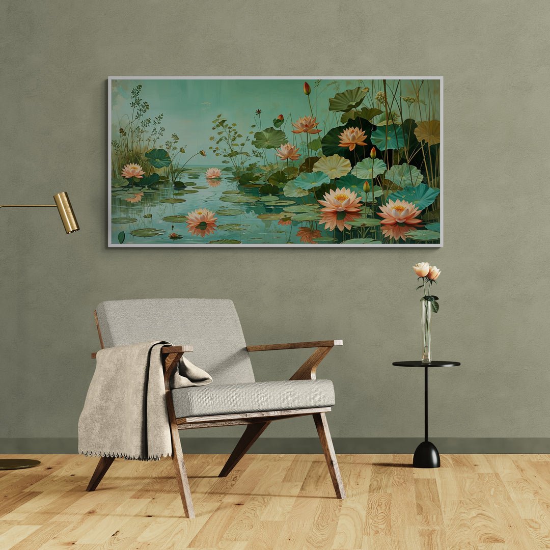 Paesaggio rilassante con foglie e fiori su acqua verde