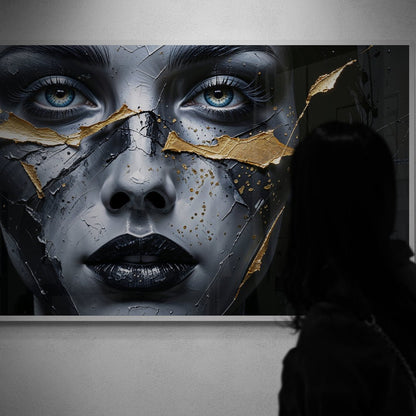 stampa artistica policotone volto grigio perla e oro black background