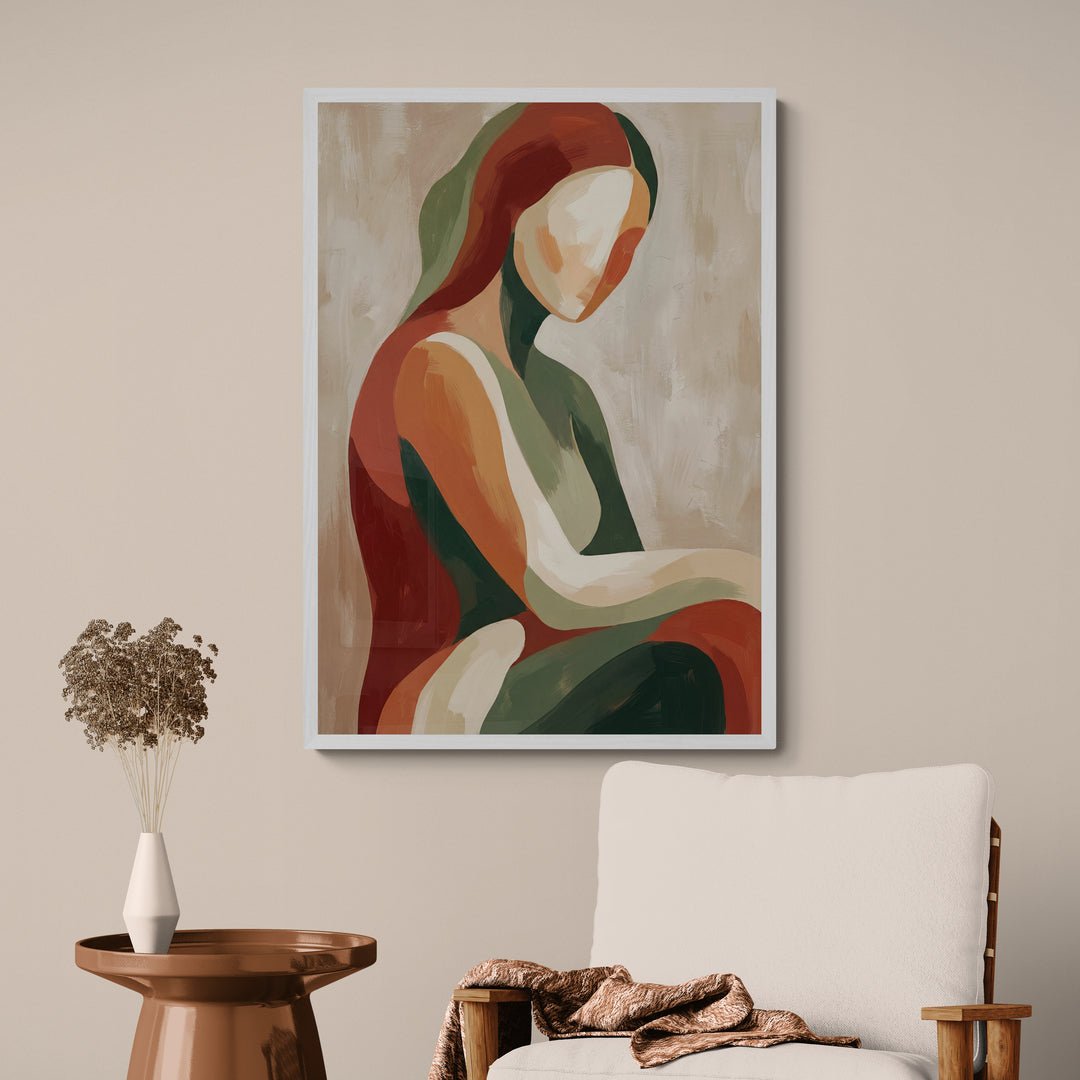 quadro per camera da letto stile japandi donna astratta toni caldi