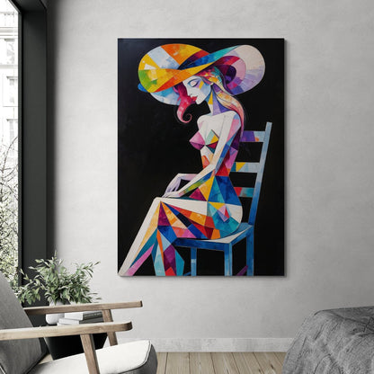 quadro donna cubista geometrico con cappello multicolore fondo nero