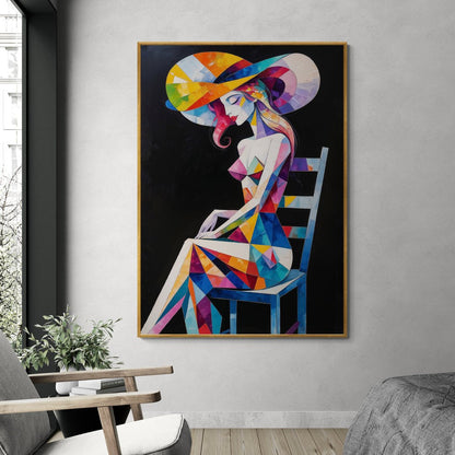 poster cubista ispirazione picasso donna seduta con cappello grande
