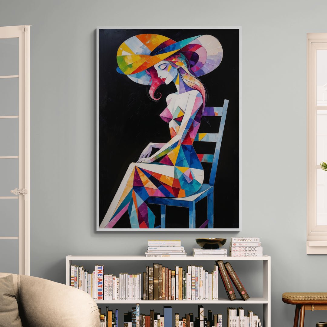 quadro moderno cubista donna elegante su sedia per interni design