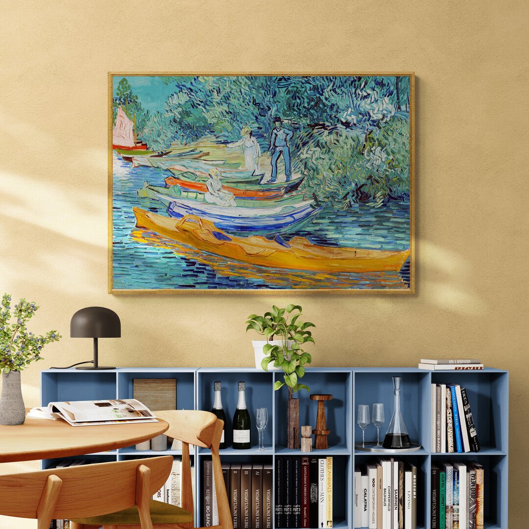 Barche ormeggiate e personaggi sulle rive del fiume in un'opera di Van Gogh