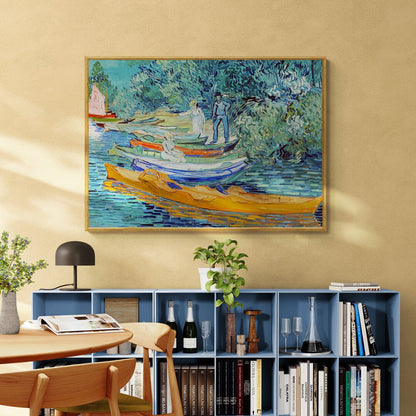 Barche ormeggiate e personaggi sulle rive del fiume in un'opera di Van Gogh