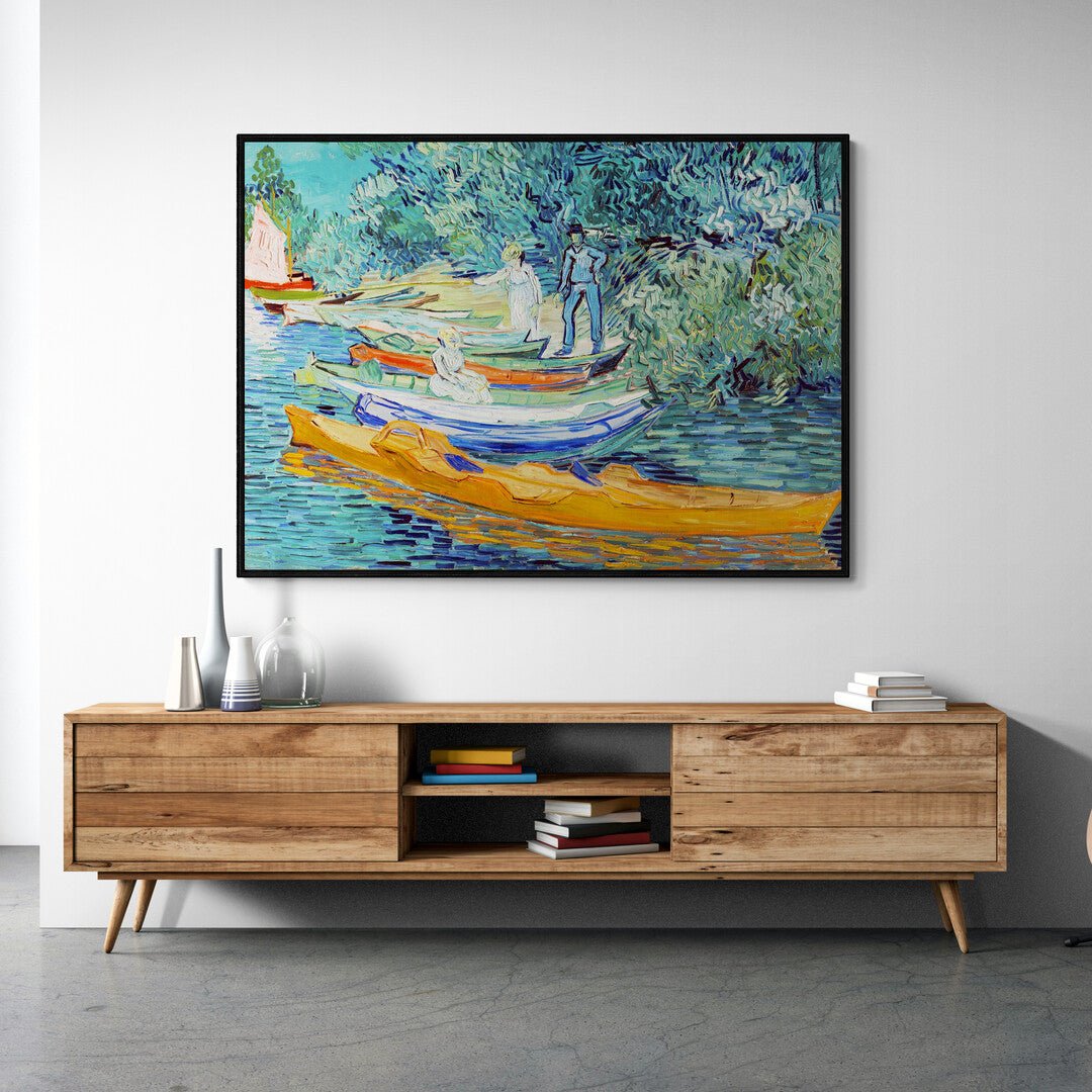 Quadro artistico con fiume, vegetazione e figure umane in stile Van Gogh