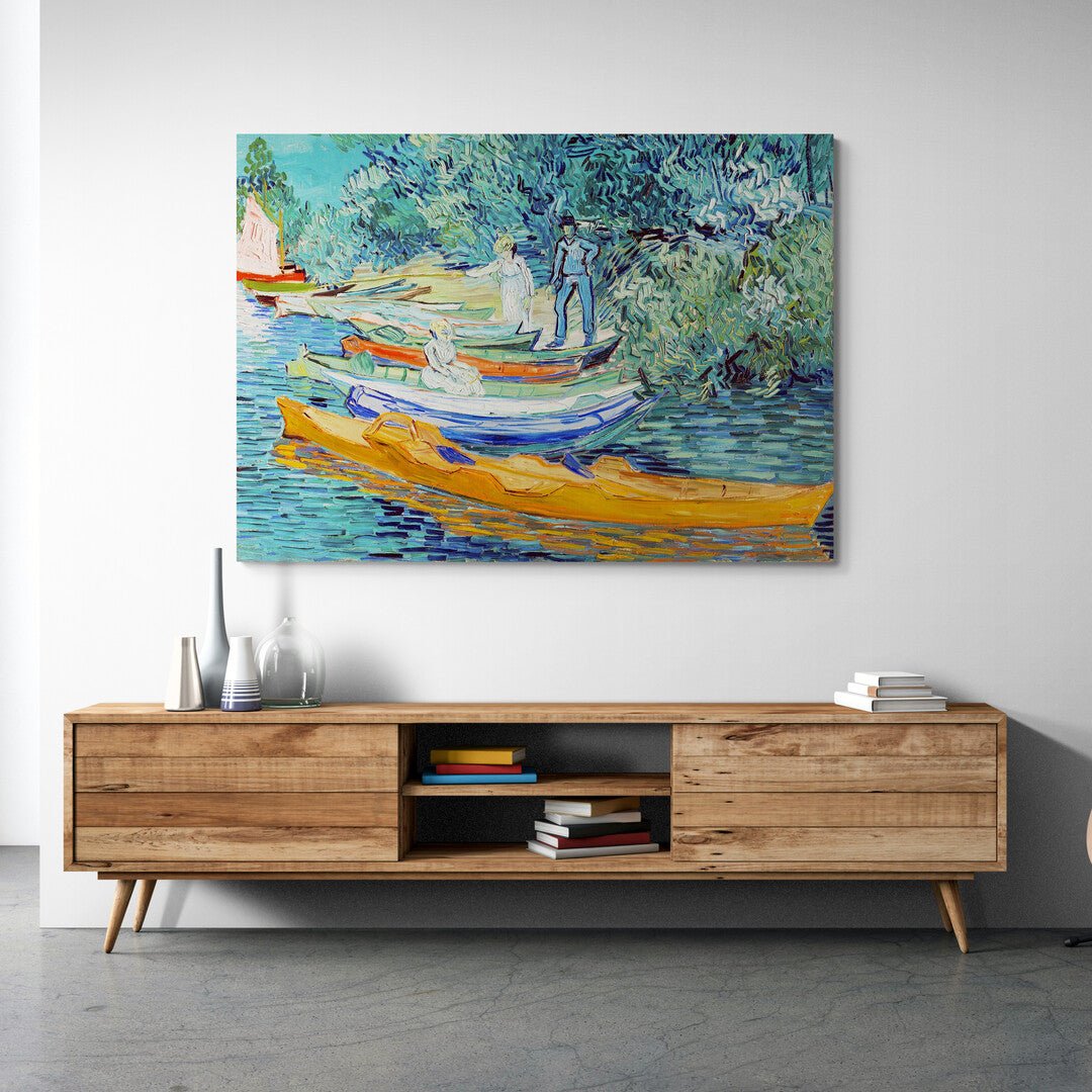 Stampa decorativa con paesaggio fluviale e pennellate vivaci