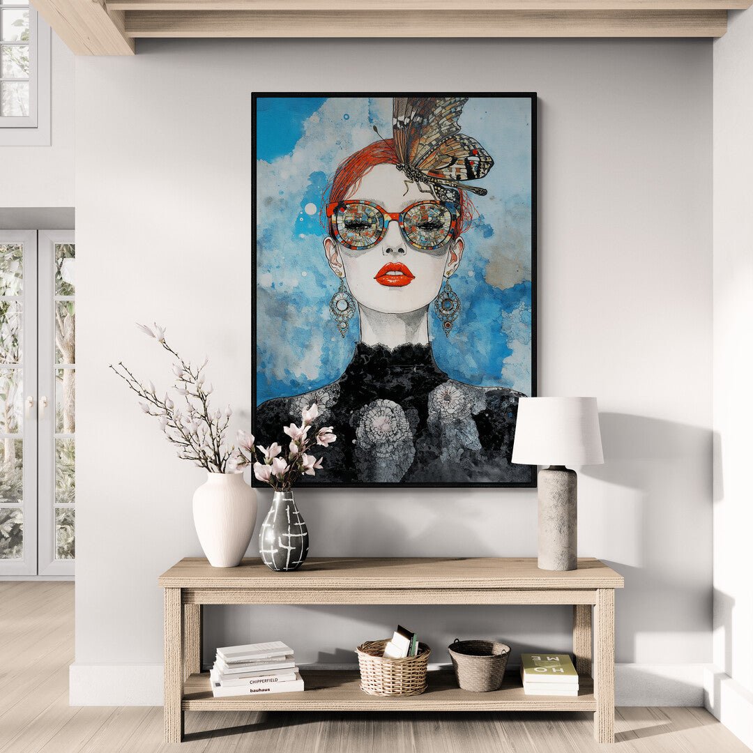Donna con capelli rossi raccolti e farfalla blu, arte moderna