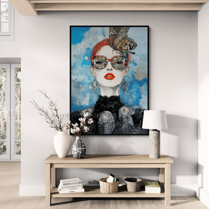 Donna con capelli rossi raccolti e farfalla blu, arte moderna
