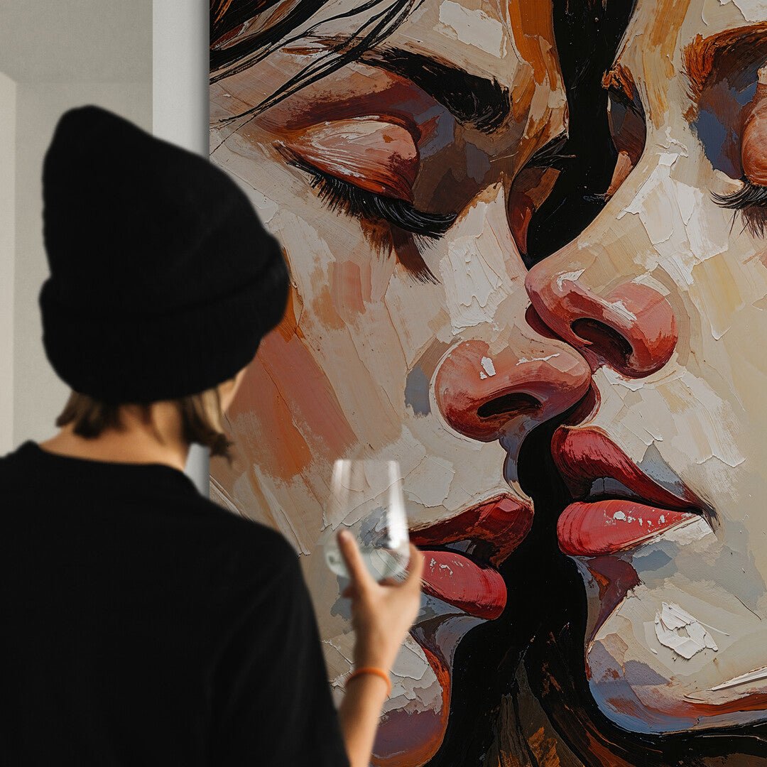 sospesi sul bacio stampa figurativa su policotone con due volti